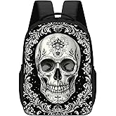 KOYI Skull Backpack Goth Gothic Skeleton with Floral Flowers Backpack Day of Dead Skull with Tattoo School Bag,16 Inch Kids Backpacks for Kindergarten,Elementary School Boys and Girls,Black and White