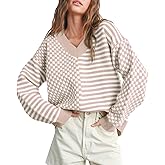 Women's Sweater Pullover Tops Knit V Neck Striped Checkered Winter Spring Long Sleeve Casual Fashion 2026 Lightweight Clothes