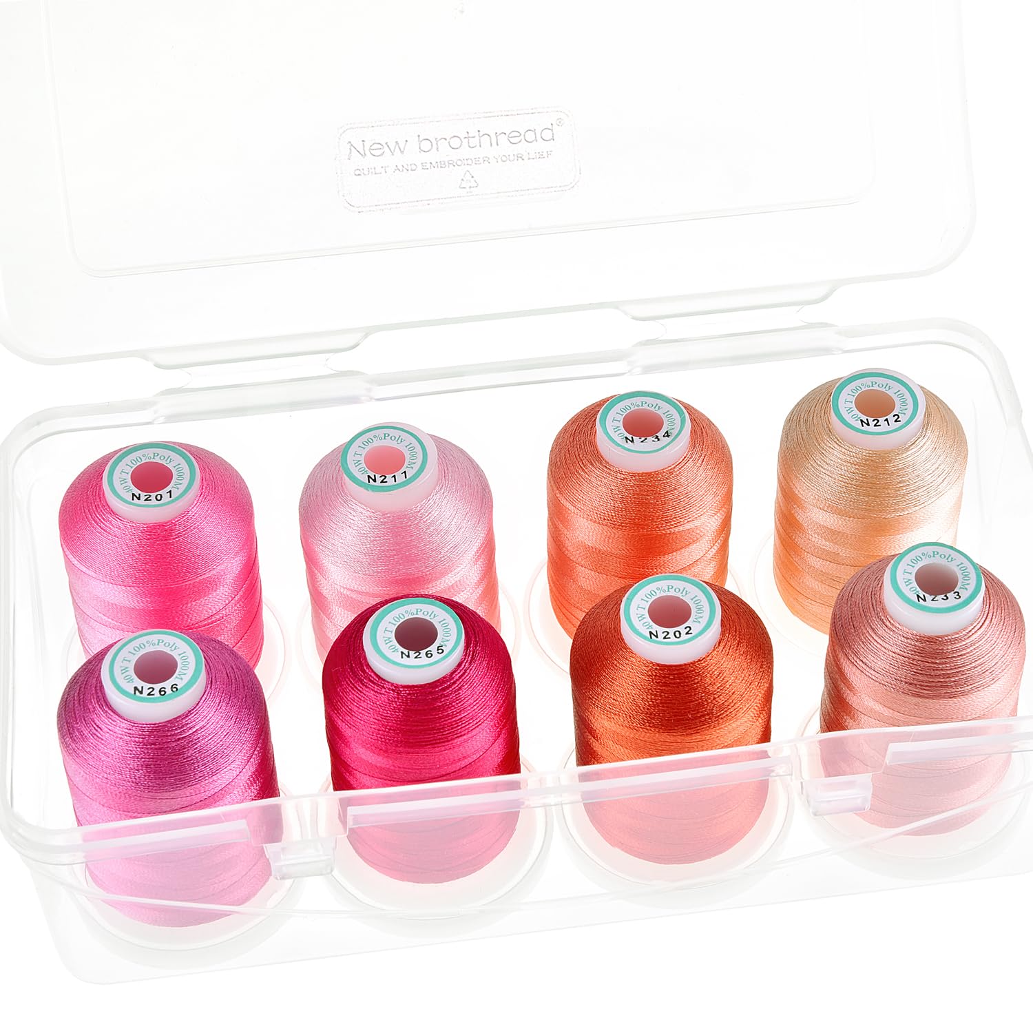 New brothread - 15 Options - 8 Snap Spools of 1000m Each Polyester Machine Embroidery Thread with Clear Plastic Storage Box for Embroidery & Quilting - Pink/Rose/Flesh