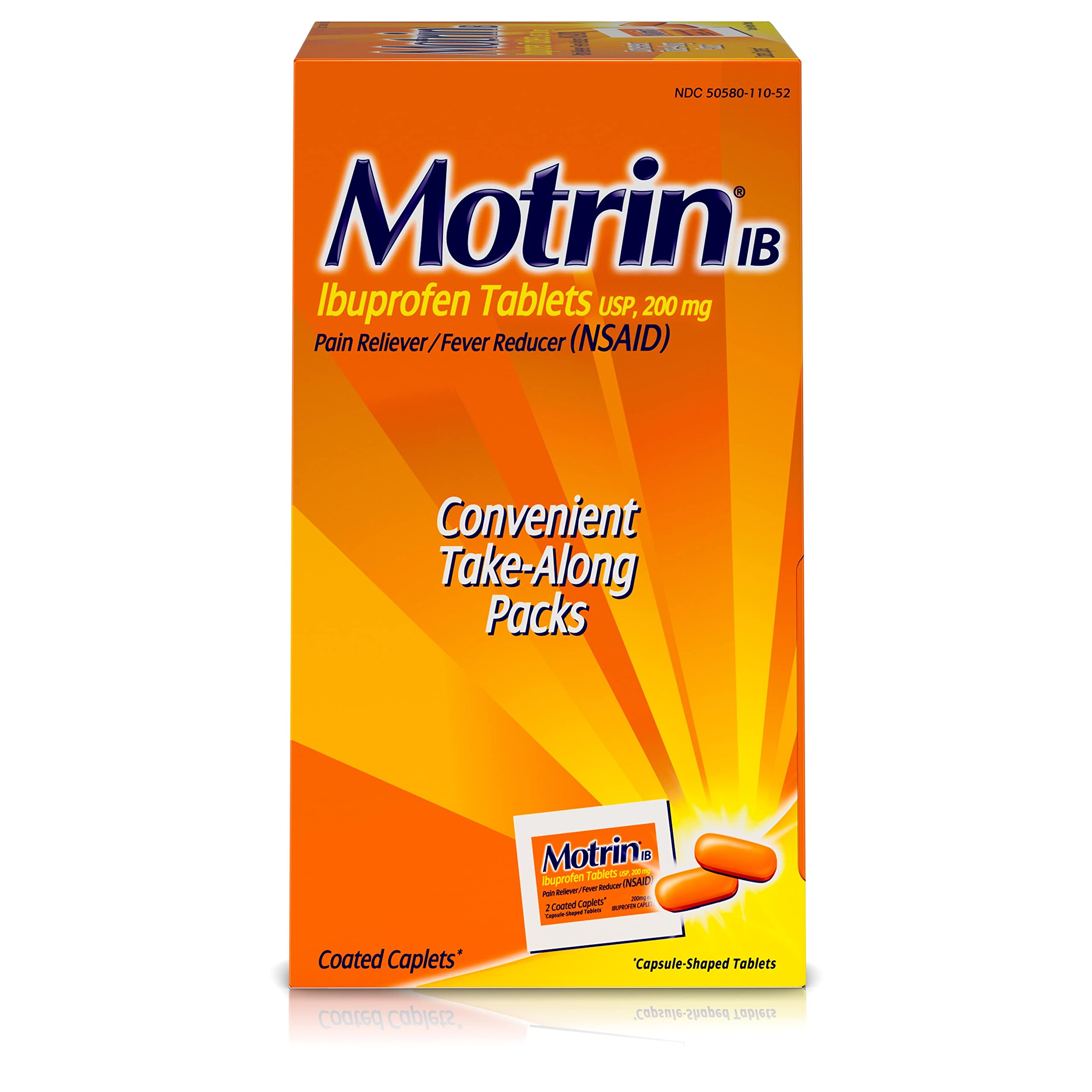 Motrin IB, Ibuprofen 200mg Tablets, NSAID Pain & Fever Reliever for Headache, Backache, Muscular Aches, Arthritis Pain Reliever, 50 Travel Packets of 2, 100 ct