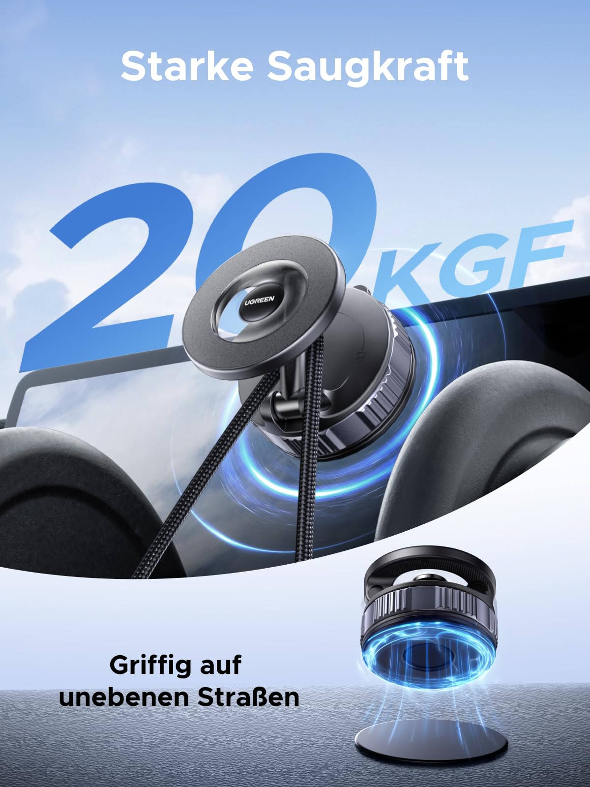 UGREEN Handyhalterung Auto für Magsafe Autohalterung, Handy Halterung Auto mit Vakuum Saugnapf & N52 Magnete 360°Drehbar ohne Kleber mit Einem Grundpolster Kompatibel mit iPhone 17 16 15 14 Pro Max 3