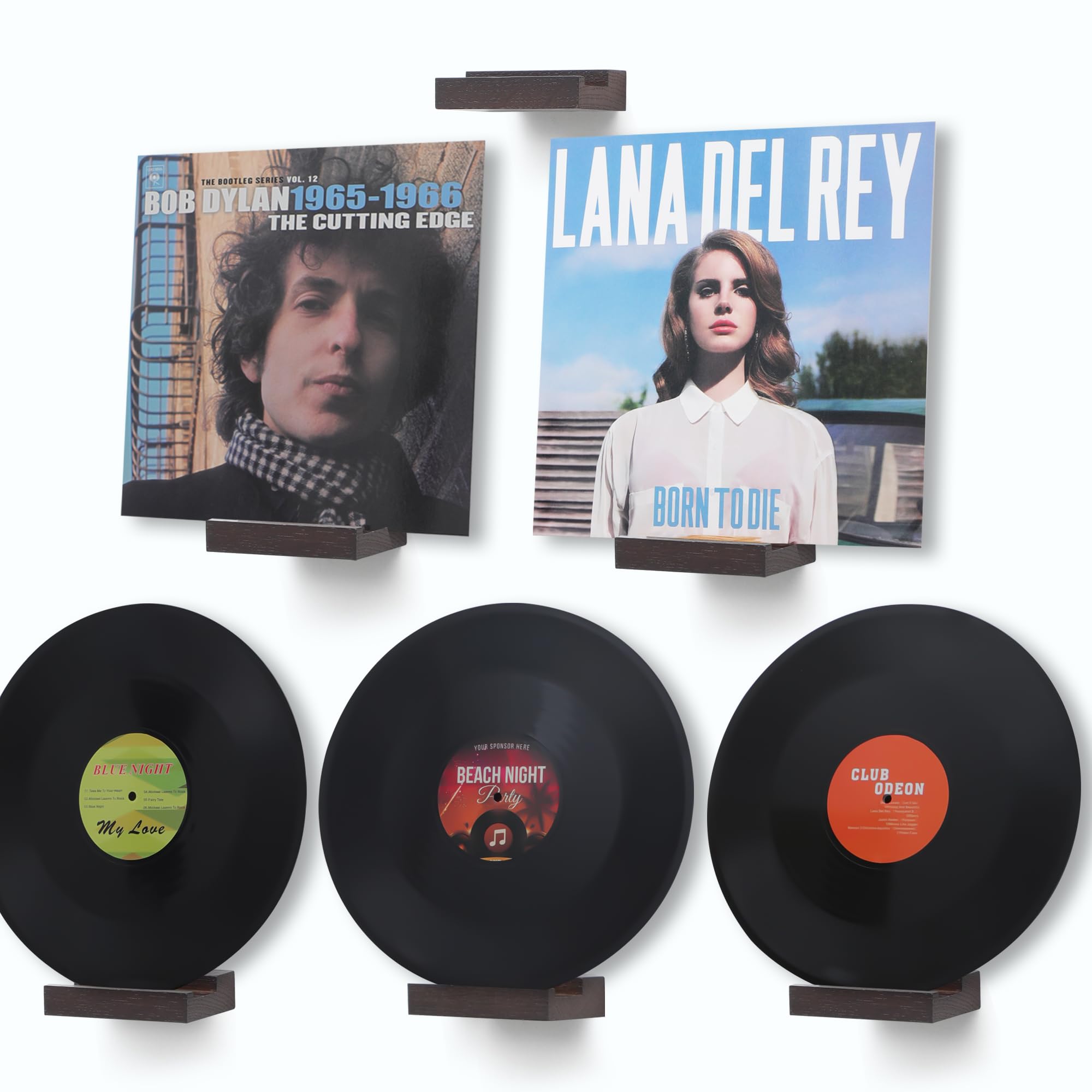 PHOENANCEE Solid Oak Wood, Record Wall Mount Shelf, Record Display Holder for LP Storage, Easy Install Floating Shelves(Dark Walnut, Set of 6)