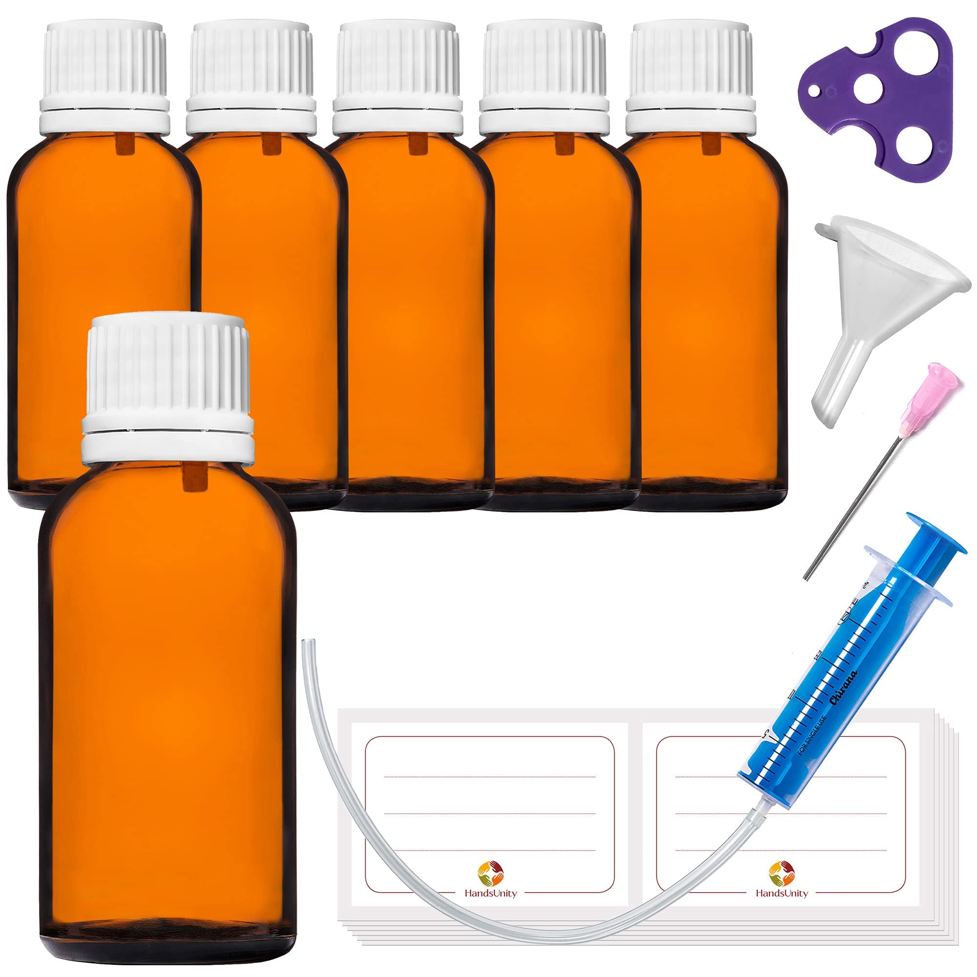 HandsUnity 30ml-6pcs Dropper Insert Bottle - Small Amber Glass Bottle Apothecary Glass with White Dropper Insert Cap made of Brown Glass set including 18 auxiliary Accessories