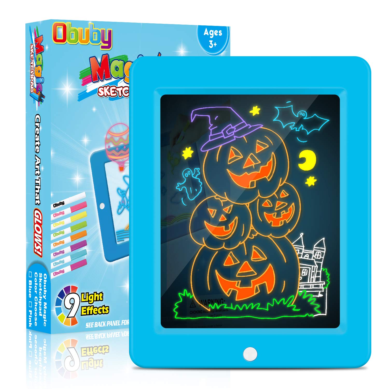 Obuby Magic Pad Educational Learning Kids Toys Gifts for 3 4 5+ Ages Boys and Girls, Light Up Drawing Board Ultimate Tracing Pad with 9 LED Light Effects Glow in The Dark Art Doodle Color Set Blue