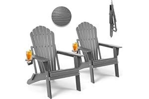 Plawdlik Folding Adirondack Chair Set of 2,SGS Tested,Wooden Textured with Cup Holder,Widened Heavy All-Weather HDPE Comfortable Seating for Ourdoor Grey