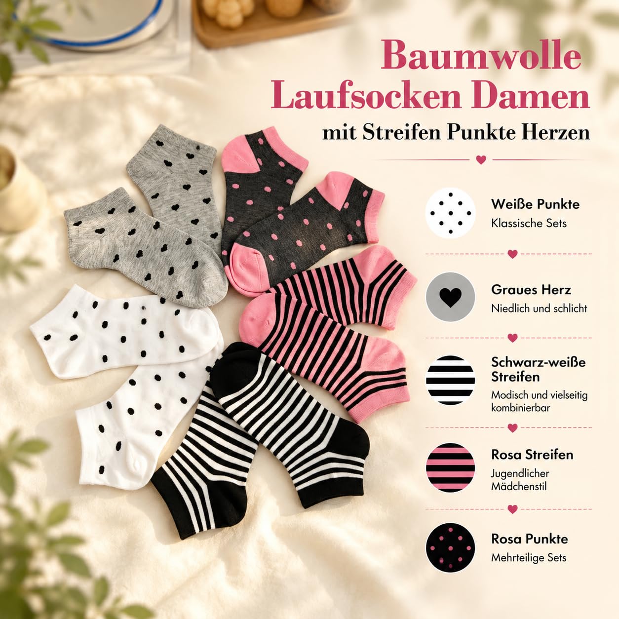 Soleeya 10 Paar Sneaker Socken Damen 39-42, Baumwolle Füßlinge Damen mit Streifen Punkte Herzen, Atmungsaktive Kurz Sportsocken Teen Mädchen Wandersocken Sommer Sneakersocken für Alltag 5