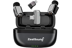 ZealSound Mini Microphone, Wireless Lavalier Mic for iPhone/iPad/Android, USB-C/Lightning, Noise Reduction, 33H Battery with 
