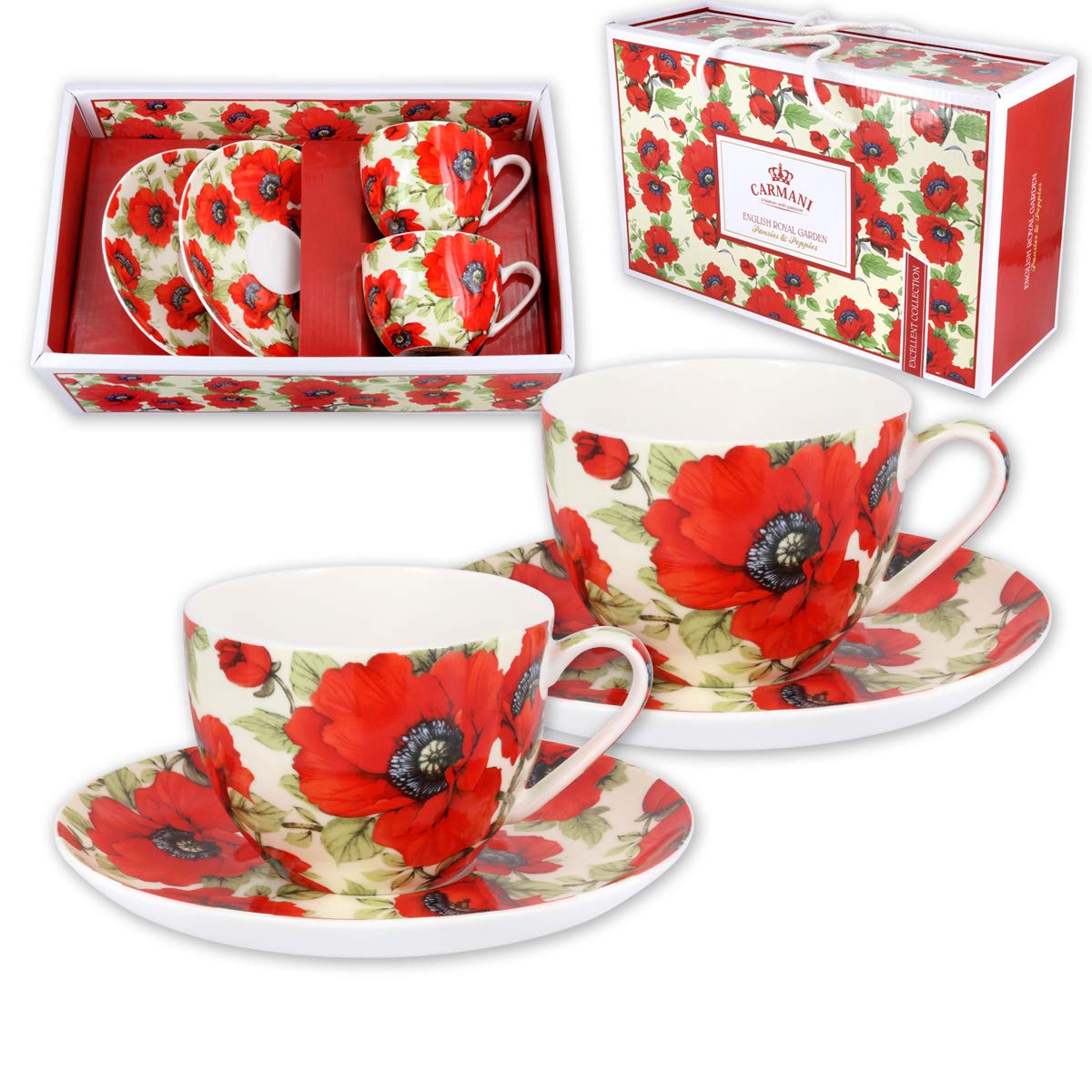 CARMANI - Fancy Tea Cup and Saucer Set of 2 with 'Poppy' 200 ml
