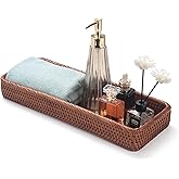 Rattan Bathroom Vanity Trays Toilet Tank Baskets Long Narrow Hand Towel Storage Basket for Storage, Decorative (Honey Brown 16.3 x 6.1 x 2 inch)