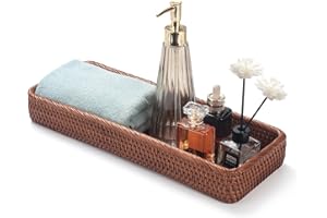 DECRAFTS Rattan Bathroom Vanity Trays Toilet Tank Baskets Long Narrow Hand Towel Storage Basket for Storage, Decorative (Honey Brown 16.3 x 6.1 x 2 inch)