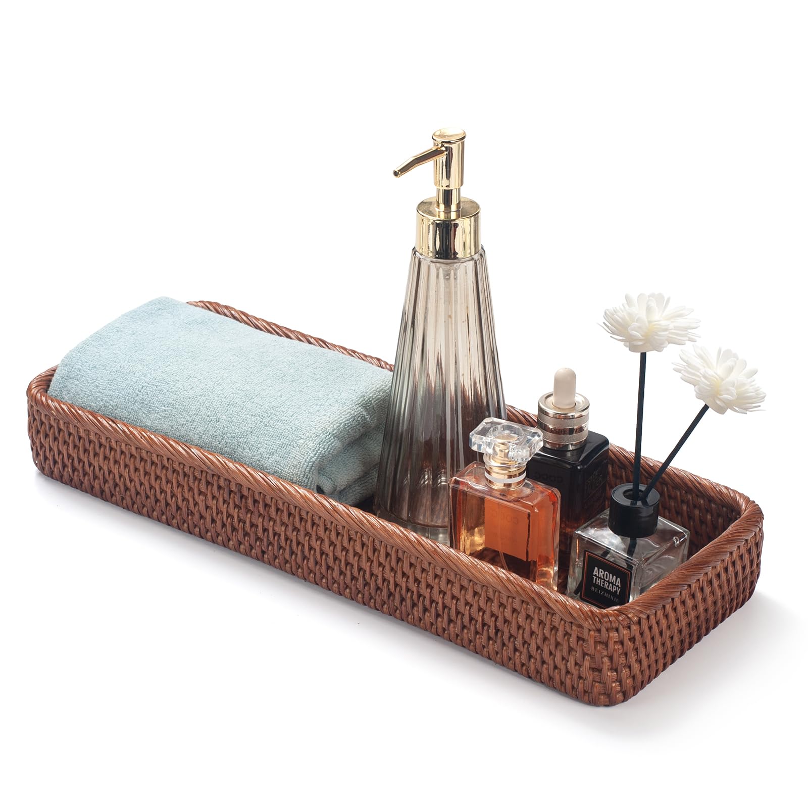 Rattan Bathroom Vanity Trays Toilet Tank Baskets Long Narrow Hand Towel Storage Basket for Storage, Decorative (Honey Brown 16.3 x 6.1 x 2 inch)