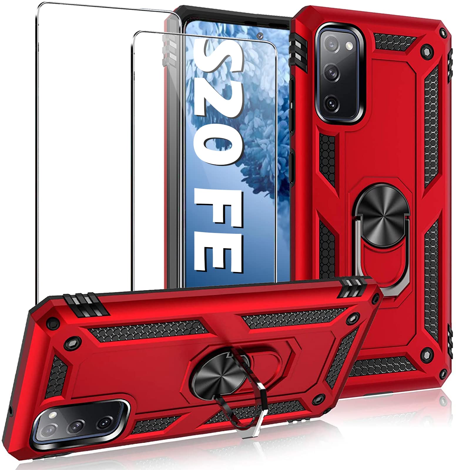Compatible with Samsung Galaxy S20 Fe 5G Case with Screen Protector Military Anti-Fall Cover for Samsung S20 Fe 5G Case with Magnetic Ring Kickstand (Red)