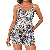 Smismivo Romper Bathing Suits for Women Scoop Neck One Piece Swimsuit Jumpsuit with Pocket Swim Modest Swimwear