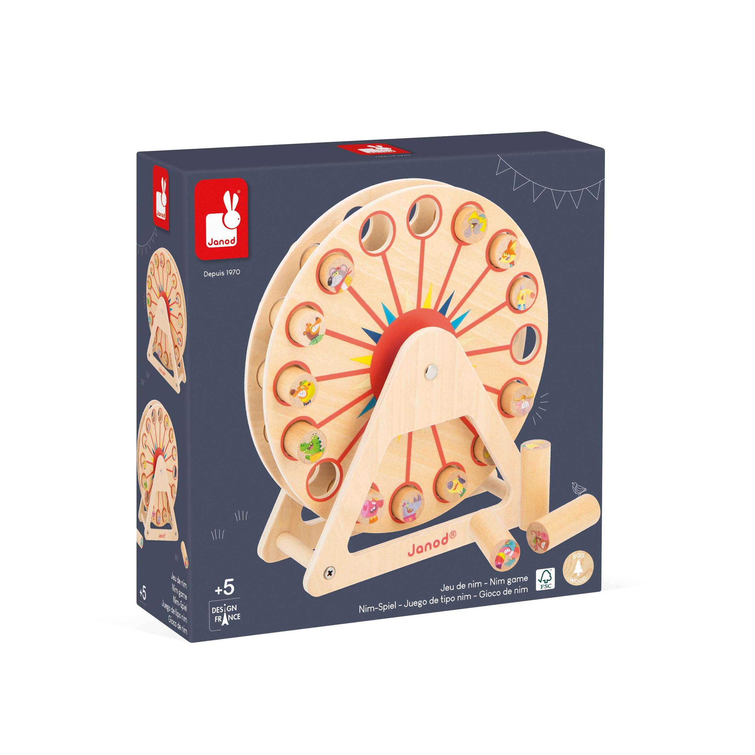 Janod - Applepop Wooden Ferris Wheel - Children’s Game - 1 Ferris Wheel + 16 Pieces - Develops Reflection and Concentration - FSC Wood Toy - 5 Years +, J03358