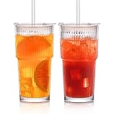 INSETLAN 20 oz Ribbed Glass Tumblers with Lids and Glass Straws – 2-Piece Glassware Set, Heavy-Duty Tumblers, Ideal for Iced Coffee, Smoothies, Cocktails, and Juices – Elegant and Durable Drinkware