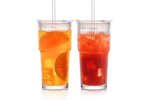 INSETLAN 20 oz Ribbed Glass Tumblers with Lids and Glass Straws – 2-Piece Glassware Set, Heavy-Duty Tumblers, Ideal for Iced 