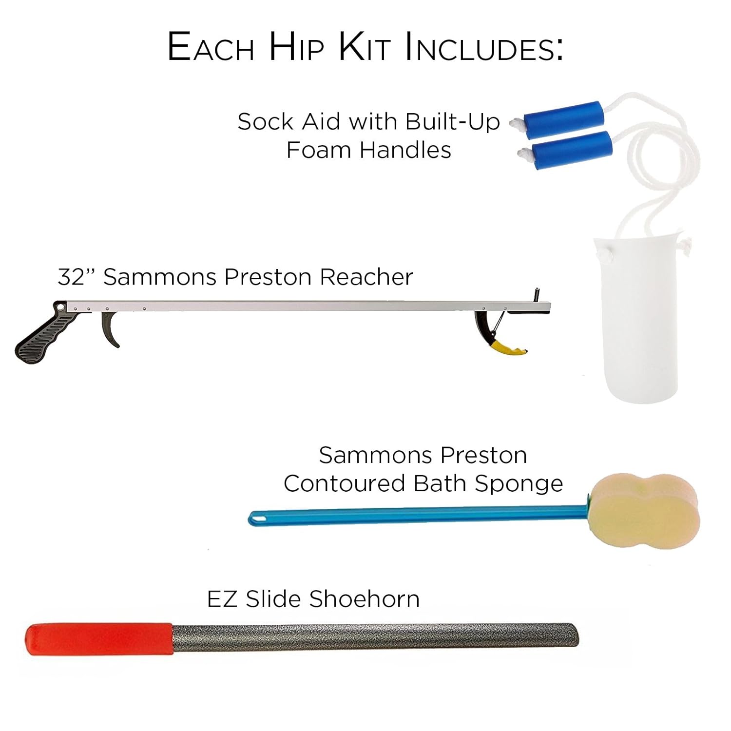 Sammons Preston Hip & Knee Care Kit, Recovery Kit for Hip or Knee Replacement Surgery, Assorted Daily Living Tools Including Sock Aid, Bendable Sponge, 24" EZ Slide Shoehorn, 32" Reacher Tool: Industrial & Scientific