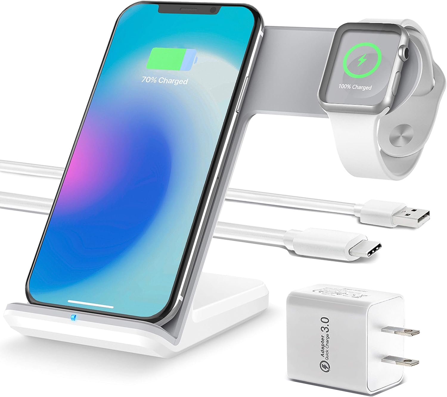 OCOMMO Upgraded 2 in 1 Wireless Charger for Apple Watch 5,4,3,2,1, iPhone 11, 11 PRO, 11 MAX PRO, XS MAX, XR, XS, 8Plus, iPhone and Watch Charging Station (QC 3.0 Adapter Included), White