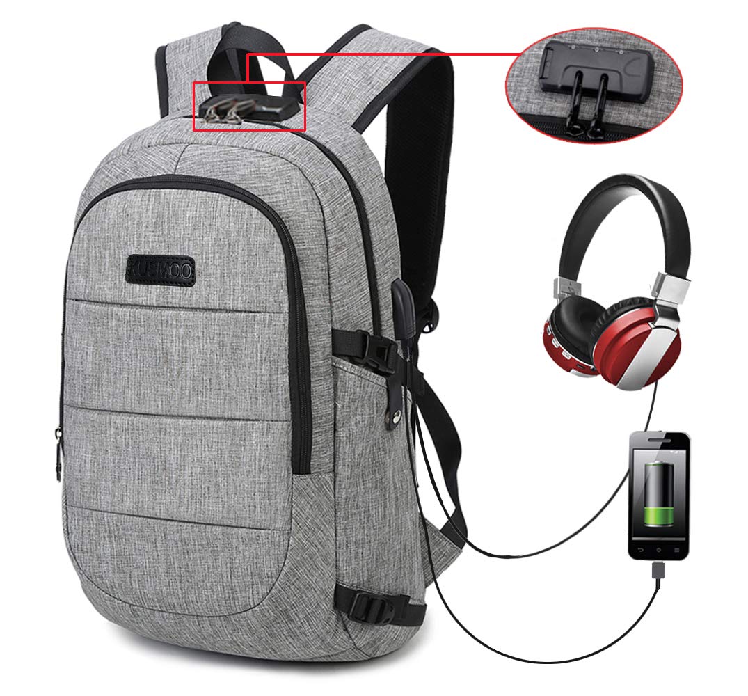 Laptop Backpack Business Travel Computer Backpack Anti Theft Waterproof Bag with USB Charging Port & Headphone Interface for College School Students Women and Men Fits for 15.6 Inch Laptop … (Grey)