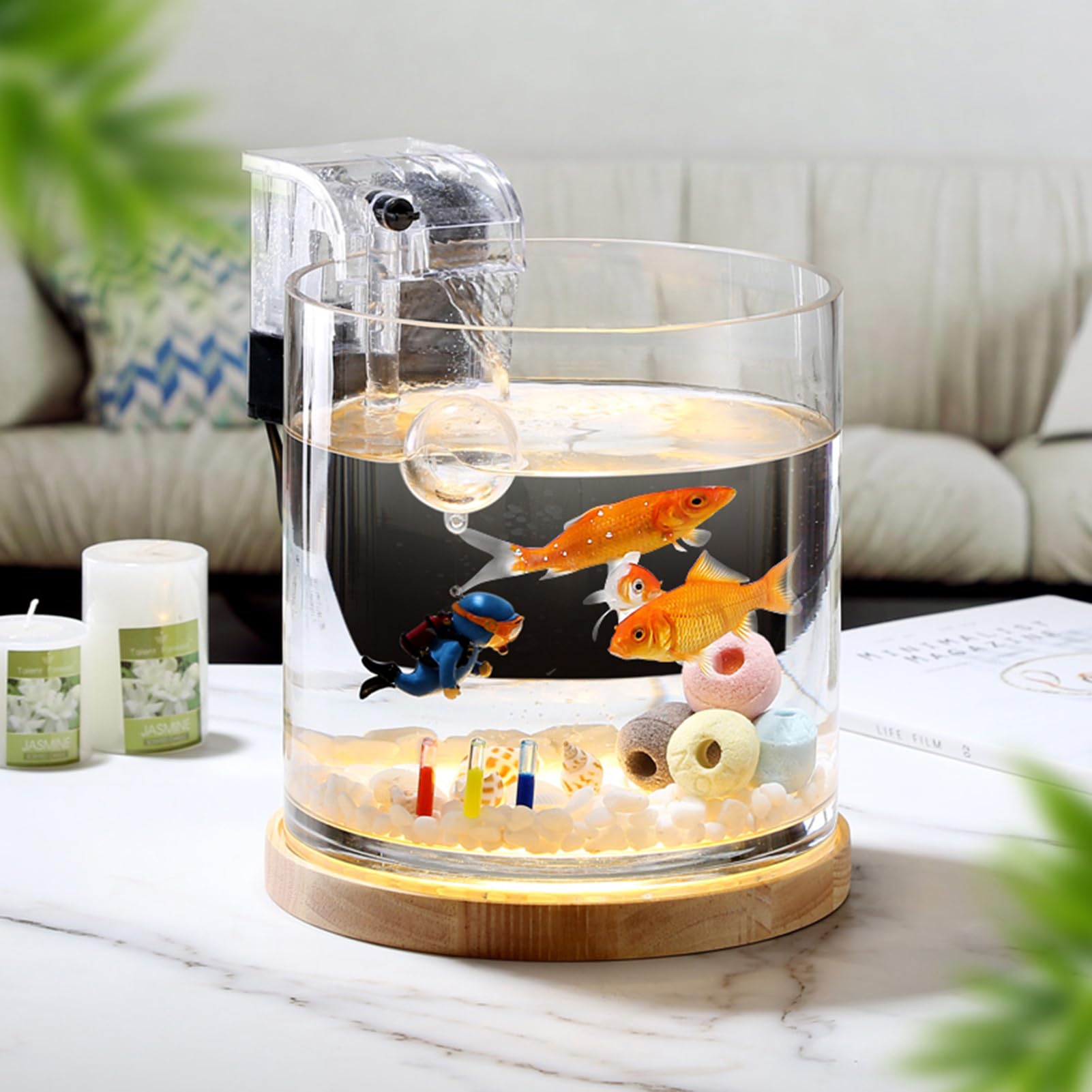 Photo 1 of SANOSY Aquarium Starter Kits 0.81-Gallon Fish Tank?6 inches? for Beginner Cylindrical Betta Fish Bowl with Wooden Base LED Light Water Pump Accessories Self-Cleaning Filter Copyright Patent