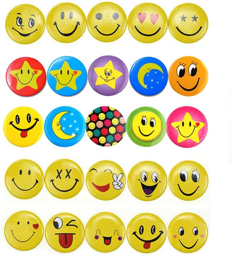 DOYIFun Mini Mental Smiley Smile Face Button Pins for Decoations, Classroom rewards, Birthday Party/Celebrations-1.2 Inch Size - 60 Pack, Multicoloured, Small