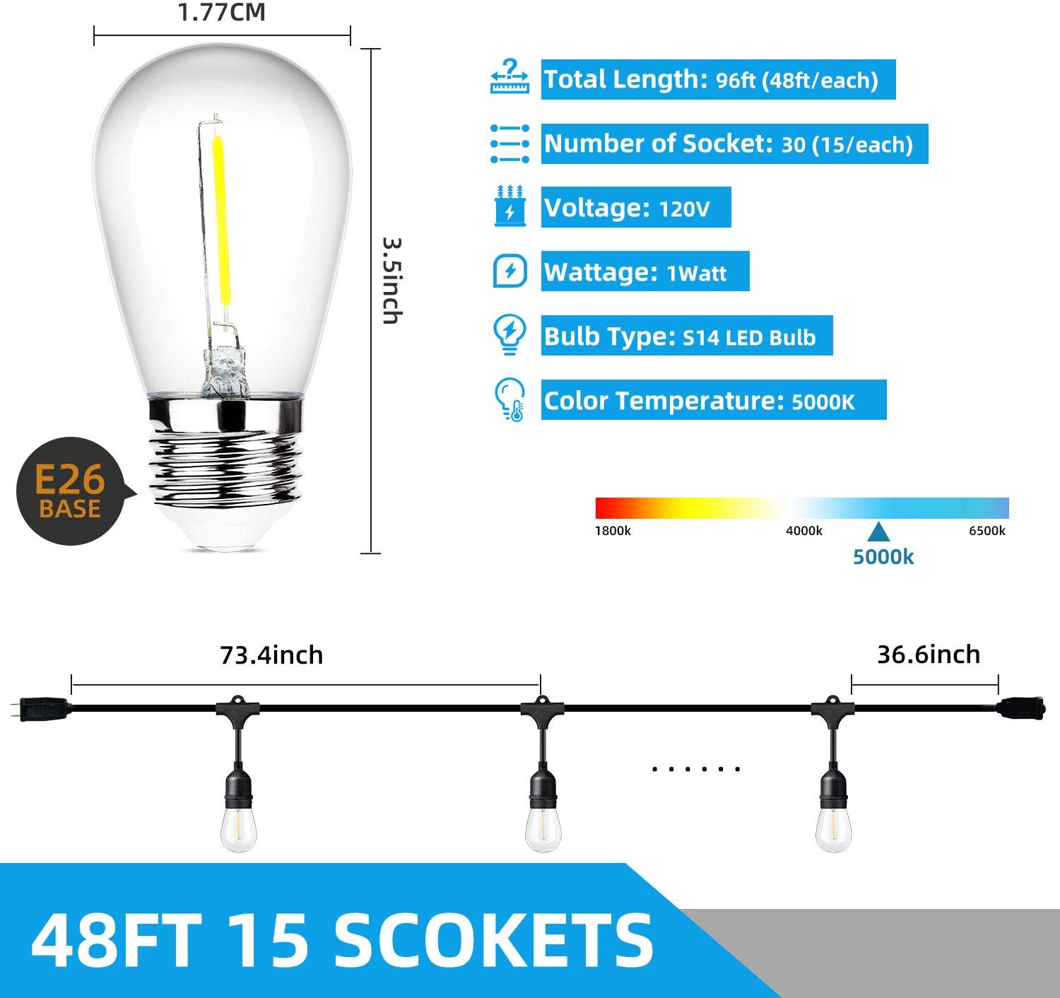 2-Pack 48FT Dimmable LED Outdoor String Lights for Patio with Waterproof Shatterproof 5000K Daylight White E26 LED Bulbs, 15 Sockets, Linkable Commercial Grade Hanging String Lights for Cafe Backyard: Home & Kitchen