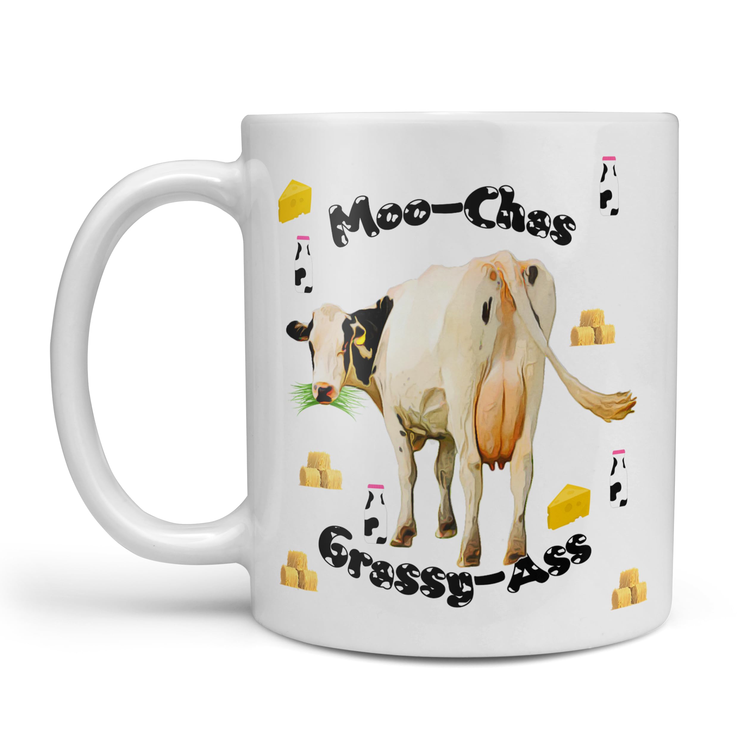Moo-Chas, Grassy-Ass Funny Cow Mug - This is the perfect funny gift for all those Spanish friends or those who think they can speak it! This is the perfect mug for you, or a friend/loved one!