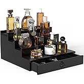 upcessory Cologne Organizer for Men, 4 Tier Black Wood Perfume Organizer with Felt Lining Drawer and Hidden Compartment, Perfume Display Holder, A Gift for Men