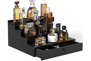 upcessory Cologne Organizer for Men, 4 Tier Black Wood Perfume Organizer with Felt Lining Drawer and Hidden Compartment, Perfume Display Holder, A Gift for Men
