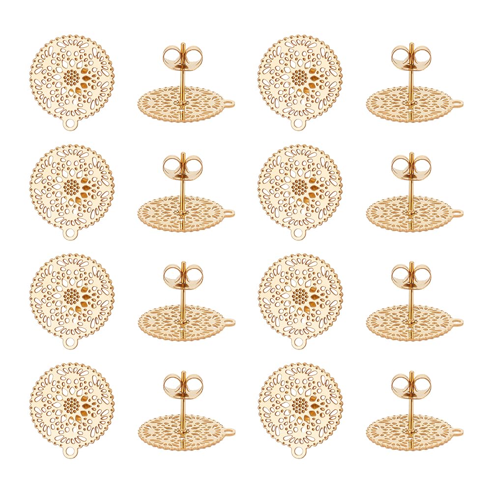 UNICRAFTALE 16Pcs Golden Filigree Flower Stud Earring 304 Stainless Steel Bohemian DIY Stud Earrings Hollow Filigree Earrings Posts with Hole Metal Stud Earring Component for Earring Jewelry Making