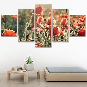 SIGNWIN 5 Panel Canvas Wall Art Red Fields...