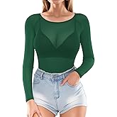 MANGOPOP Women's Mesh Tops Long Sleeve Sheer T Shirts See Through Blouse Bodycon Clubwear