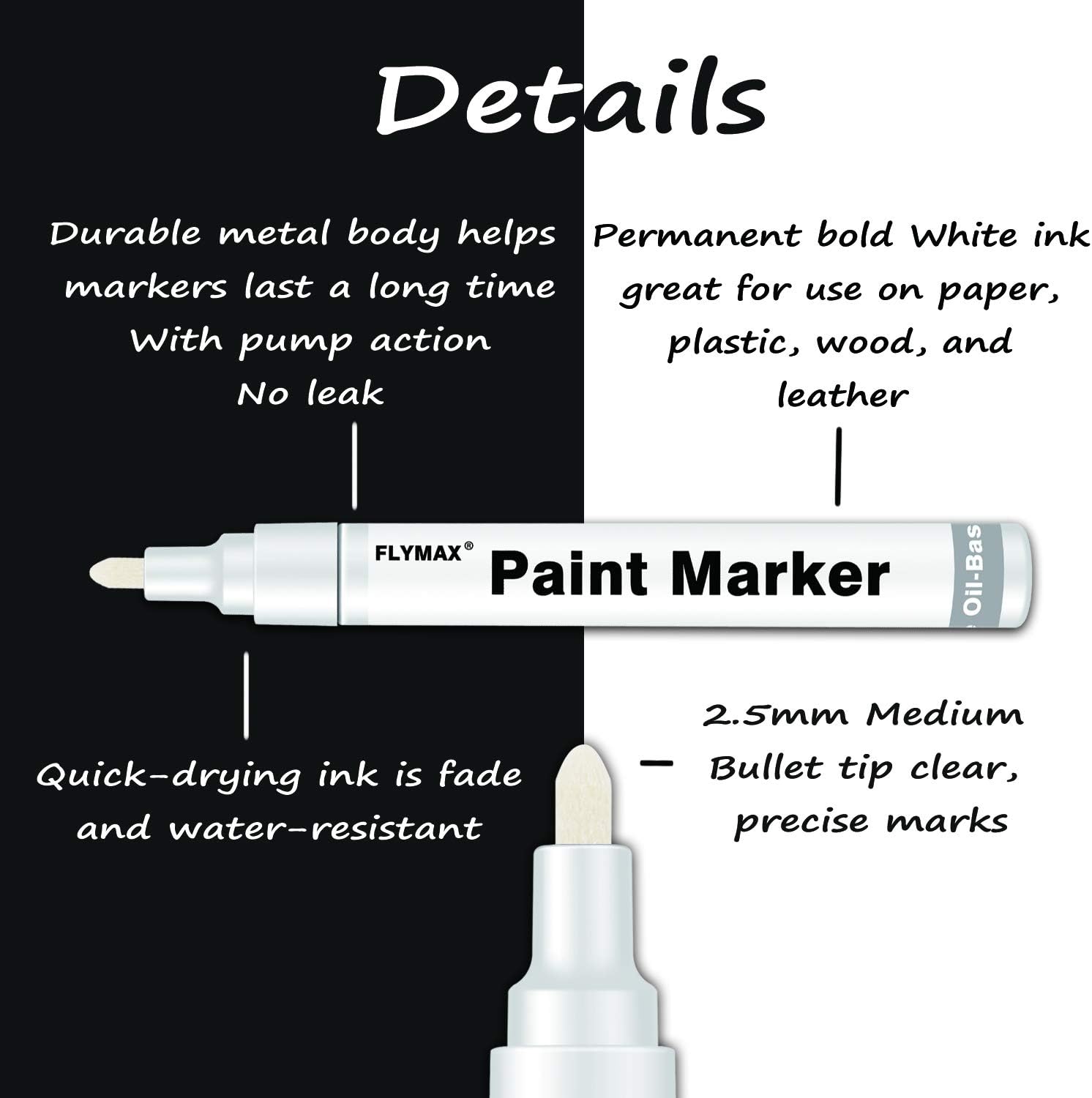 FLYMAX White Marker Paint Pens 2.5mm- Permanent Marker Pens White Paint Oil-Based Medium Tip Waterproof Quick-Drying (6 in 1Pack) - Image 4