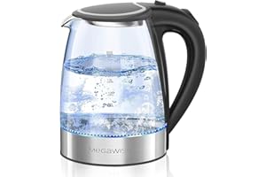 Megawise Electric Glass Kettle with Auto Shut-Off, 1.8L Capacity, 1000W Fast Boil, BPA-Free, Stainless Steel Inner Lid & Base, Blue LED Indicator, Easy Clean, Cord Storage