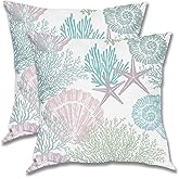BETGINY Nautical Coastal Throw Pillow Cover 18X18 Inch Pack of 2,Summer Ocean Themed Pillow Covers Square Cotton Aqua Seashell Starfish Beach Pillow Cases Cushion for Bedroom Home Sofa Decoration