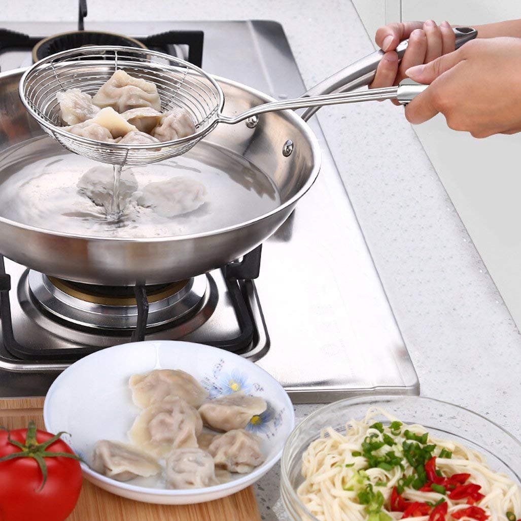 cnomg 3 pcs Stainless Steel Skimmer Strainer,Wire Skimmer with Spiral Mesh, Professional Grade Handle Skimmer Spoon Ladle for Pasta Chips