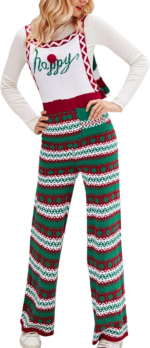 Fltaheroo Christmas Jumpsuits Snowflake Pattern Knitted Bib Pants