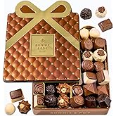Chocolate Gift Basket, Candy Food Gifts Arrangement Platter, Gourmet Snack Gift Bow Tin Box, Present Idea, Corporate Him & Her, Men, Women, Family- Gourmet Belgian Truffles- Brown- Bonnie & Pop