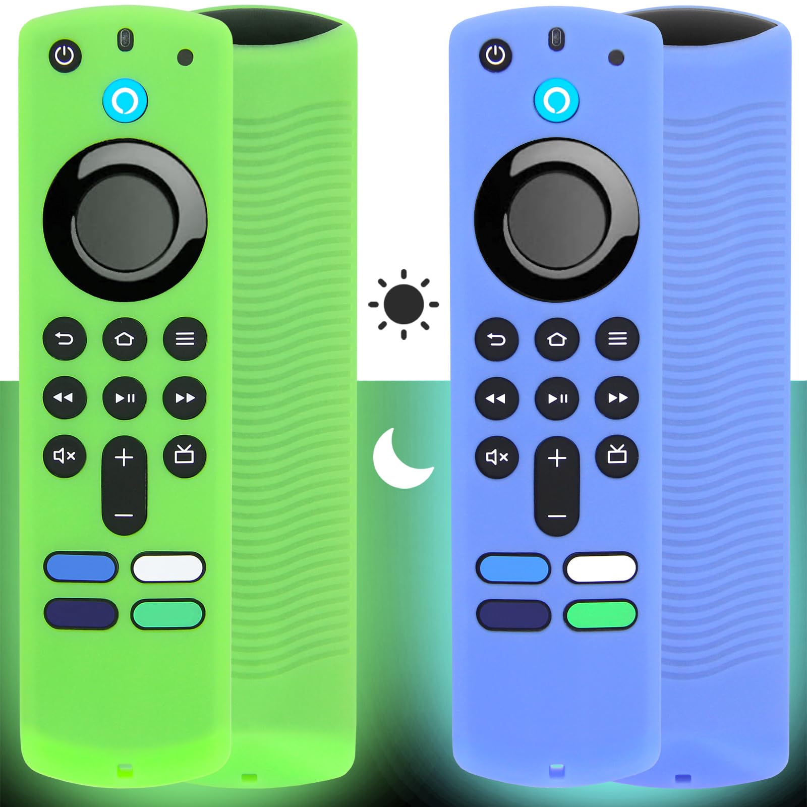 [2 Pack] Pinowu Remote Cover Case (Glow in the Dark) Compatible with Fire TV Stick 4K Alexa Voice Remote 3rd Gen, Anti Slip Sleeve with Lanyard Suitable (Green & Blue) (NOT for HD / 4K 2nd 2024)