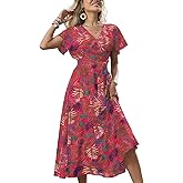 Women's Boho Summer Wrap Midi Dress - Palm Leaf Floral Print V-Neck Ruffle Short Sleeve Casual Beach Vacation Dress