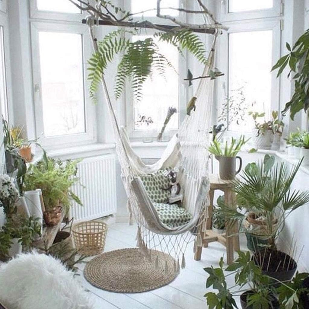 Macrame Tassel Hanging Rope Hammock Chair Porch Swing Seat For Indoor Or Outdoor Garden Patio Yard Bedroom With Cushion And Wooden Bar