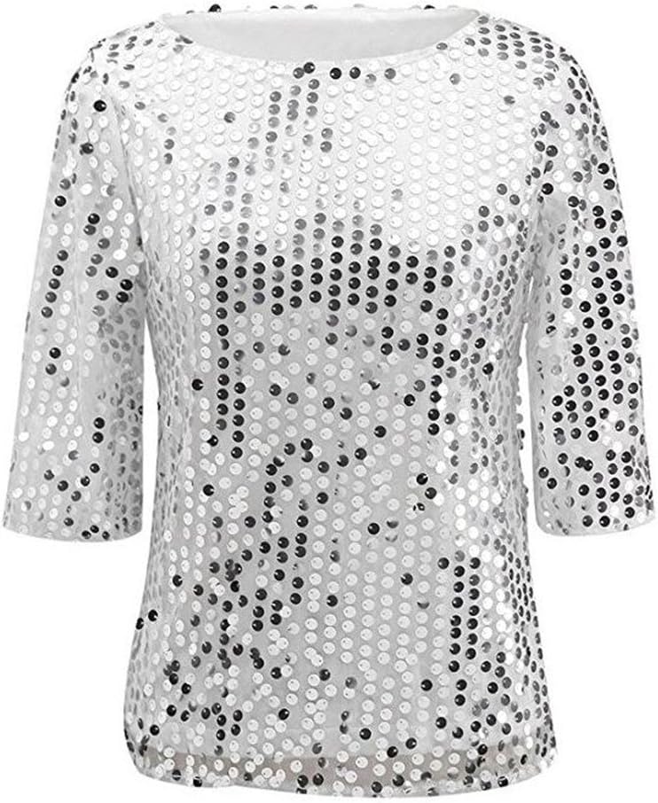 Easyhon Women Sequin Sparkle Glitter Tank Coctail Party Tops Shining T-Shirt Blouses