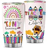 JENOIS Teacher Life Rainbow Tumbler, Cute Pencil Art 20oz Stainless Steel Insulated Cup, Back to School Coffee Travel Mug Gift for Preschool Kindergarten Educators Women