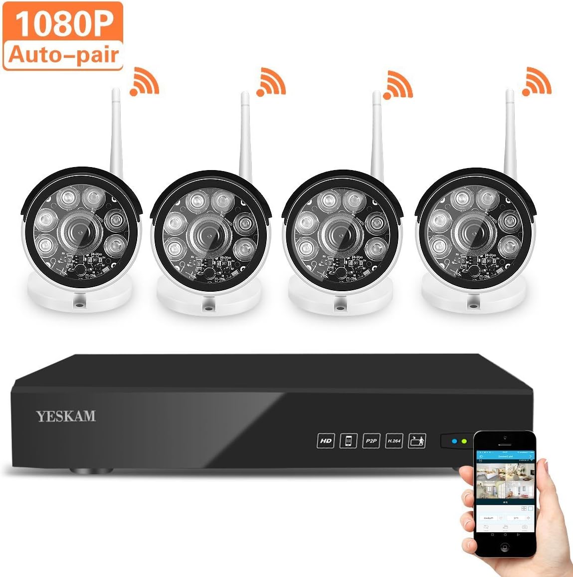 Home Security System Wireless YESKAM Security Camera System with 4 Channel 1080P NVR +4pcs 1080P Security Cameras for Home Security Indoor Outdoor Video Monitoring Support Motion Detection Remote