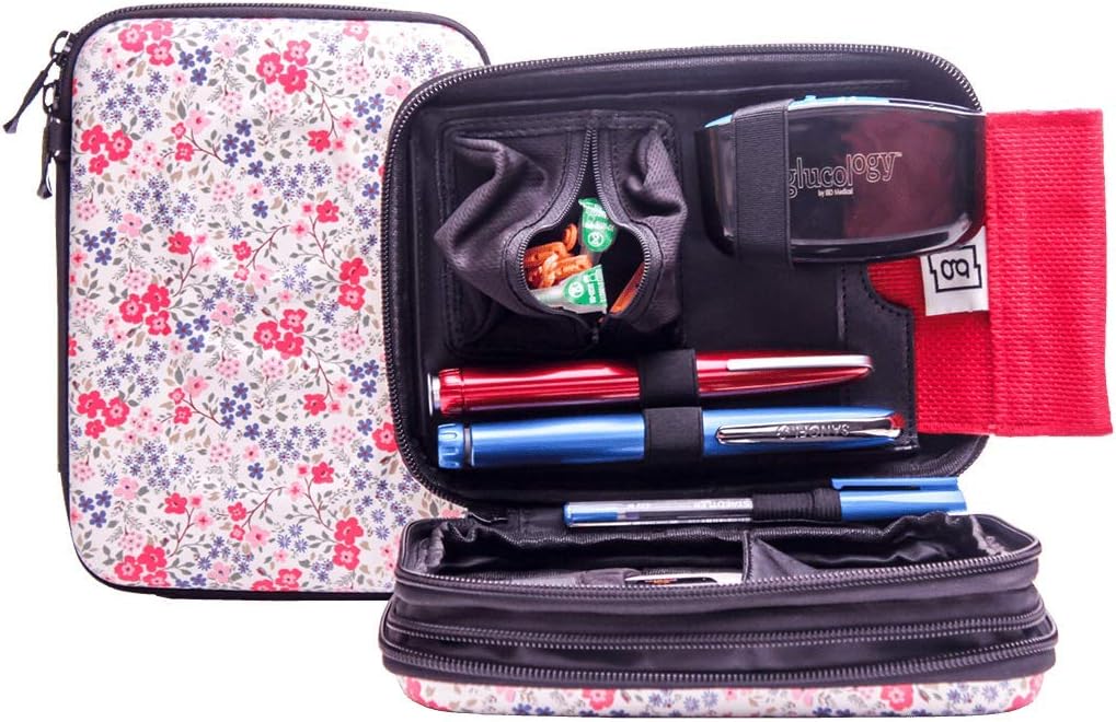 Glucology Expandable Diabetic Supply Case - Organizer for Blood Sugar Test Strips, Medication, Glucose Meter, Pills, Tablets, Pens, Insulin Syringes, Needles, Lancets - Hardshell Pack