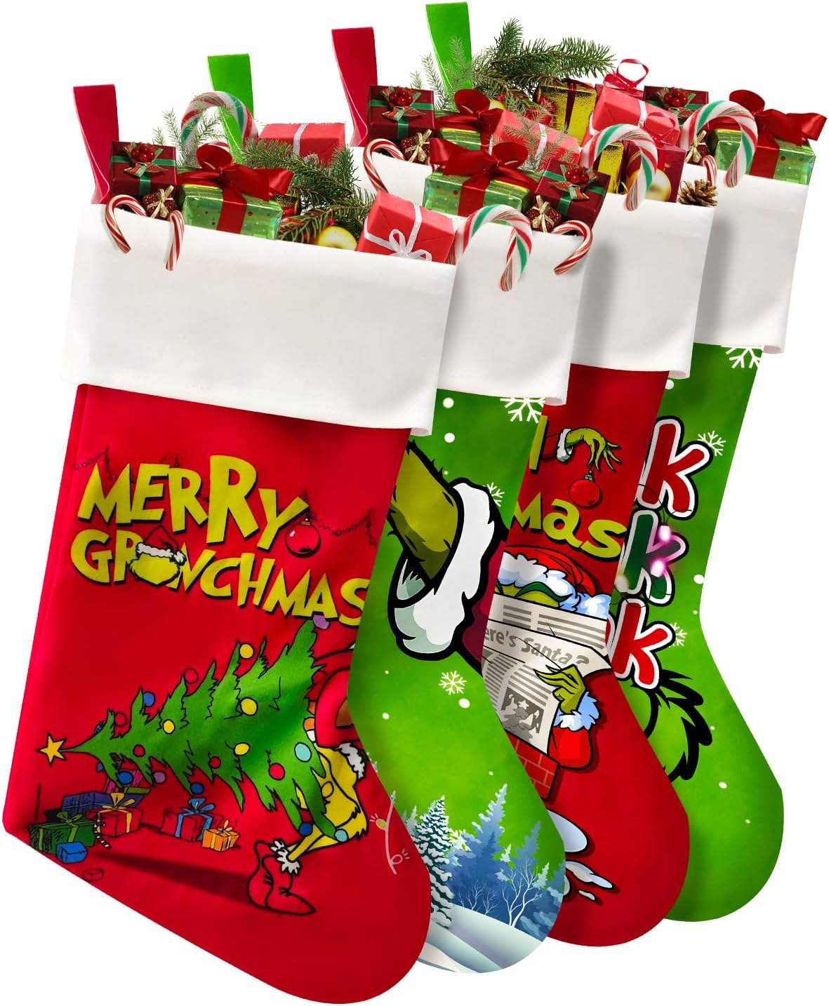 Stockings & Holders - RICHANDROYAL 4 Pack Socks Green Christmas Decorations 18 Inch Stocking Stuffers for Women Men Kids Gifts Xmas Tree Ornaments Indoor Decorations Holiday Family Party