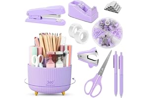 SKYDUE Purple Office Supplies Set, Purple Office Desk Accessories 10PCS, Pencil Holder for Desk, Stapler, Tape Dispenser, Scissors, Ruler, Binder/Paper Clips and 1000pcs Staples,Desk Supplies Set