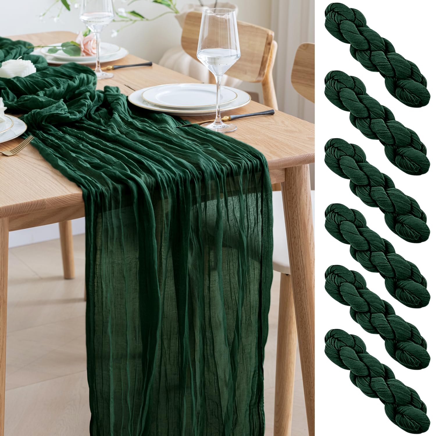 Photo 1 of Asee'm 6PCS Table Runner Cheesecloth 10FT Emerald Green Boho Gauze Fabric Rustic Sheer Cheese Cloth Runners for Wedding Bridal Shower Party