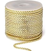 [33 FT] Gold Box Chains Roll, 2mm Wide 14K Gold Plated Brass Box Chains Spool Bulk for Jewelry Making