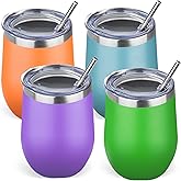 GUDEMAO 12oz/4 Pack Stainless Steel Wine Tumbler with Lid and Straw, Double Wall Vacuum Insulated Wine Tumbler Glasses, Stemless Travel Mugs for Hot and Cold Drinks, Coffee, Wine, Cocktails